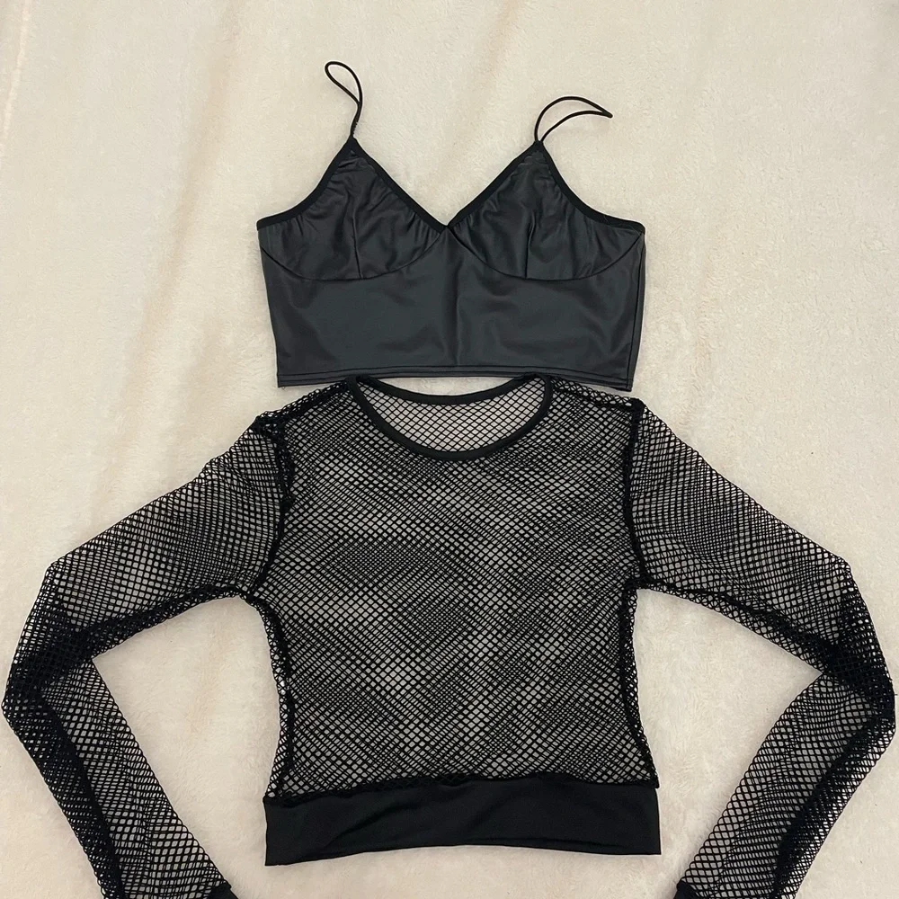 2-Piece Set: Long-Sleeve Mesh Crop Top + Leather Camis Top - Picture 2 of 4